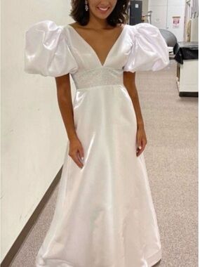 Sherri Hill White Satin V-Neck Gown with Puff Sleeves